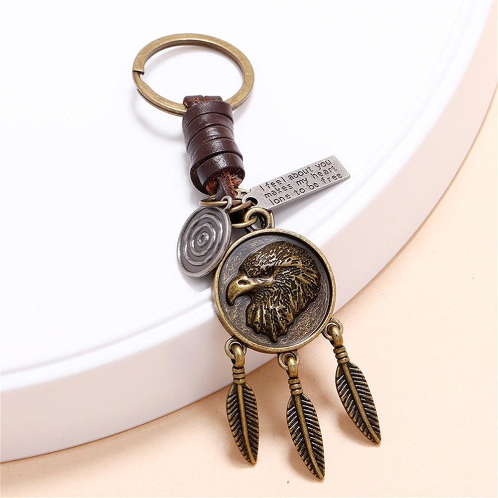 Eagle Pendant Vintage Leather Keychain - Men's Handmade Woven Accessory