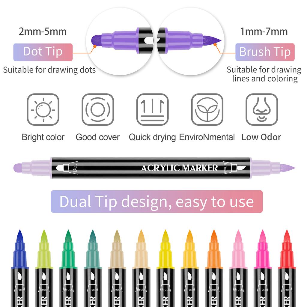 24 Pack  Acrylic Paint Markers Vibrant Color Assortment Dual Tip Quick Dry Non Toxic for Kids Adult DIY Art and Craft