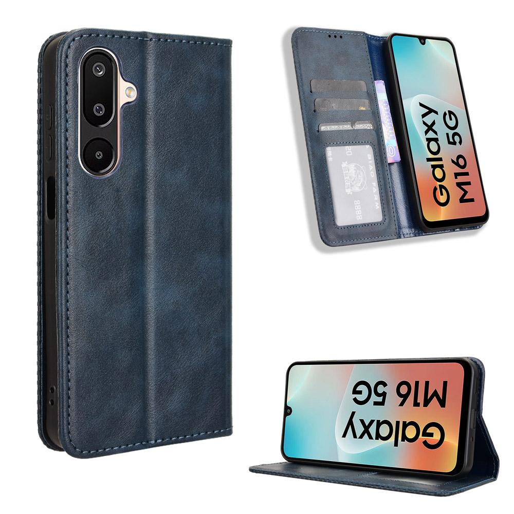 

For Samsung Galaxy M16 5G/Galaxy F16 5G Retro PU Leather Case Phone Wallet Stand Cover Blue
