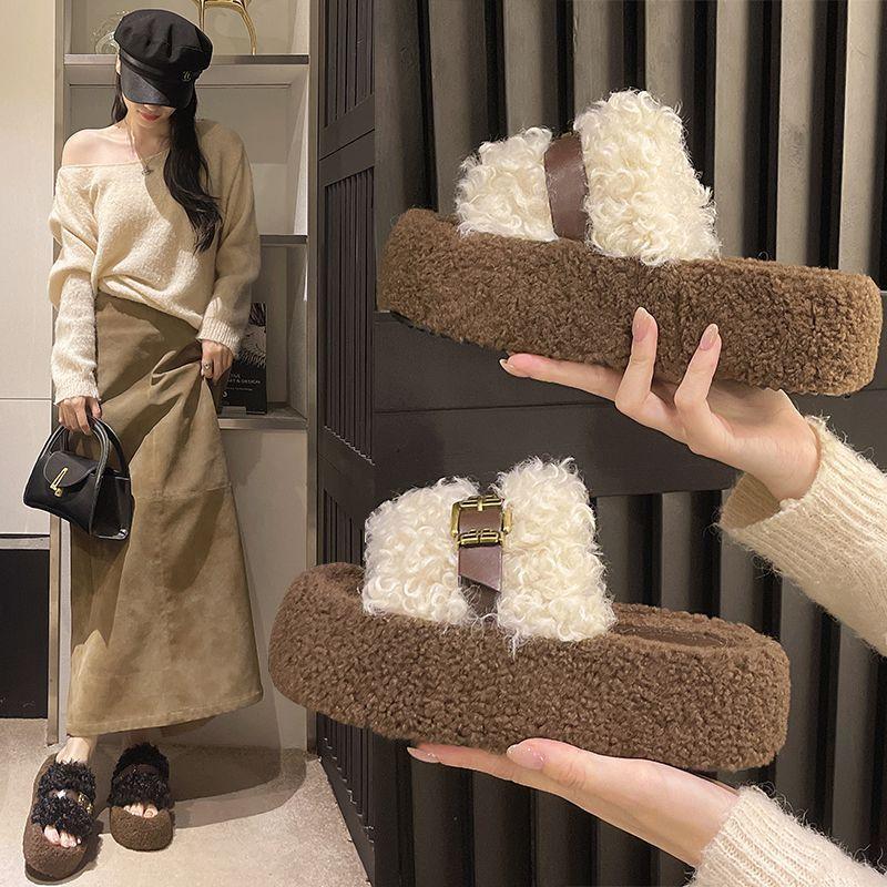 Super Hot Fur Slippers Autumn and Winter Women's Outerwear Internet Celebrity Curly Fur Belt Buckle New Platform Flip-flops To Show Skinny Fur Shoes