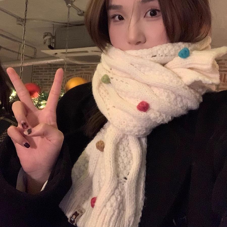 Soft Rainbow Candy Bean Knitted Wool Scarf For Winter Women With Thick Velvet And Student Warmth Versatile Neck