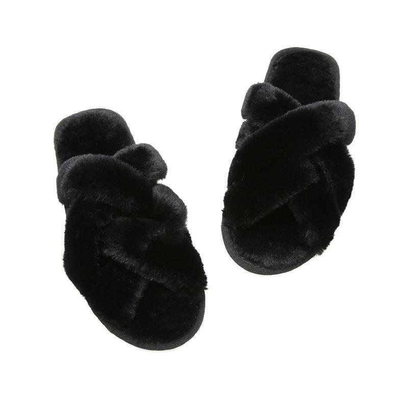 Mesh cross plush slippers, winter plush flat floor mop, exposed toe warm cotton mop