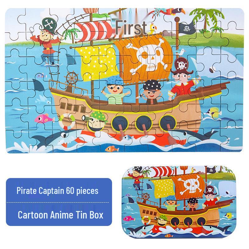 Children's Wooden Puzzle Set: 60-Piece Educational Toy In Tin Box for Ages 2-5