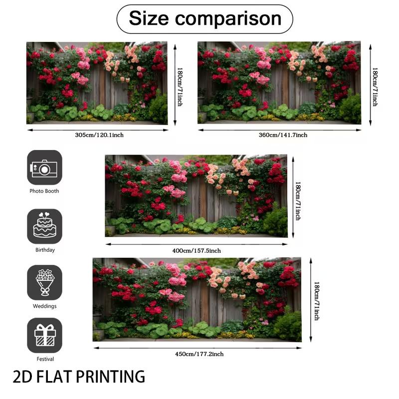 2D Lush Blooming Rose Fence Backdrop for Springtime and Bridal Photoshoot