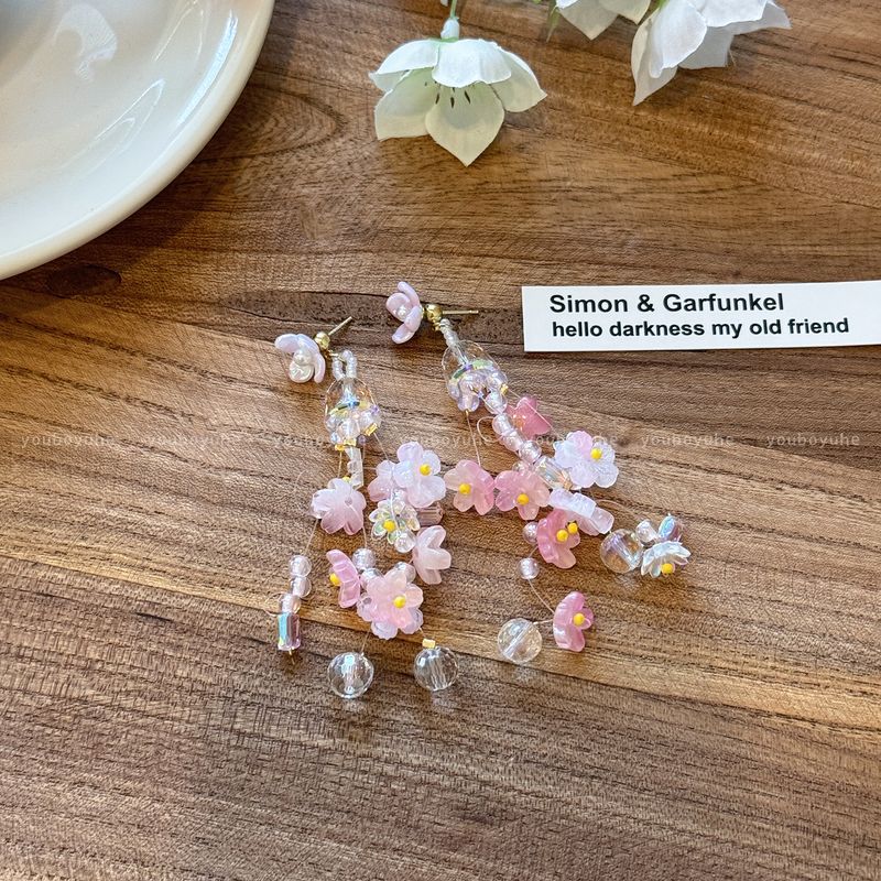 

Ear Flower ~ Dopamine Color Flower Beaded Tassel Stud Earrings Female Summer Outing Vacation Style Delicate Earrings Pink Flower Beaded Earrings-Silver Pins