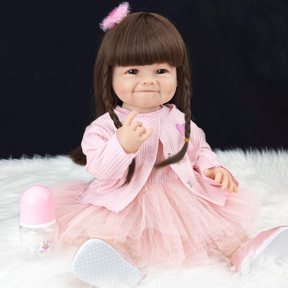 

Новая горячая продажа 55 см полностью эмалированная кукла, имитация куклы реборн, маленькие ямочки, длинные волосы, большие глаза, яркая детская кукла, подарок на день рождения