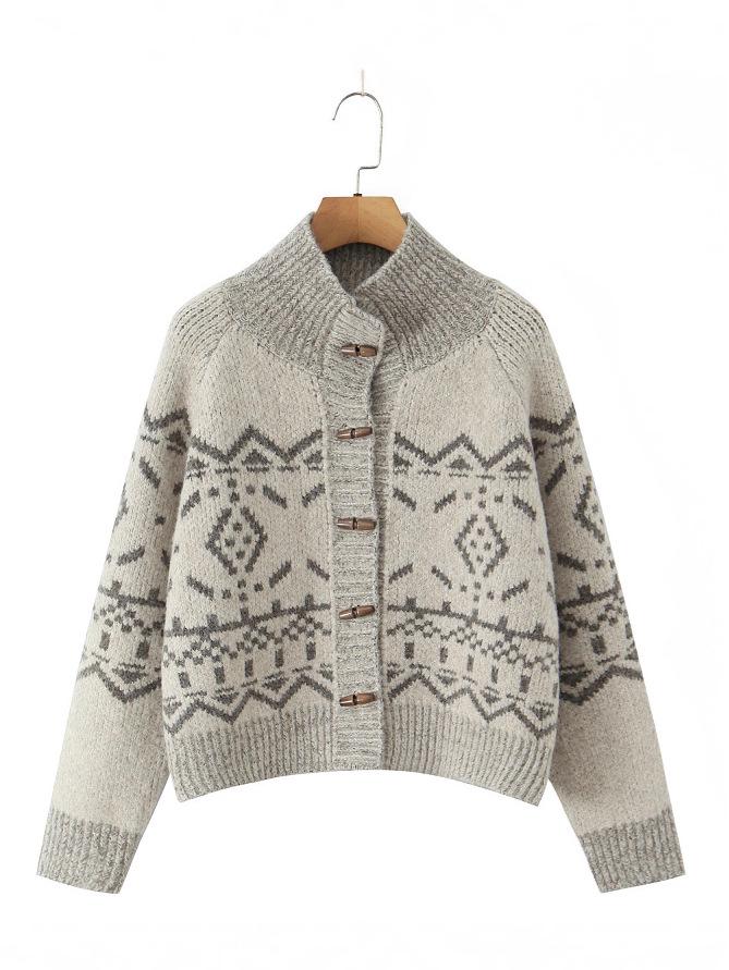 Women's Retro Color-Block Jacquard Knit Cardigan for Autumn/Winter