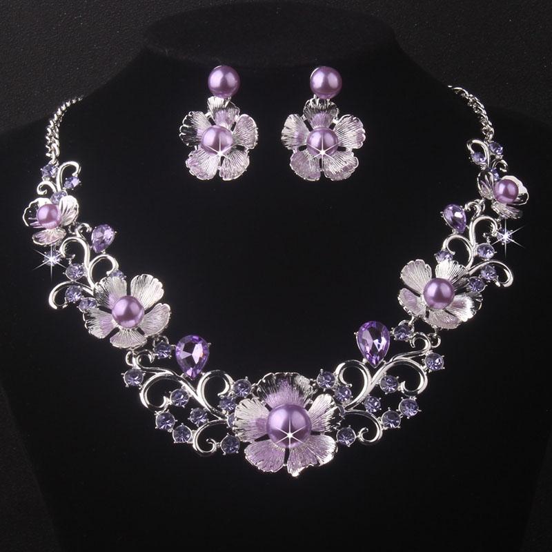 

Bridal accessories: navy blue, purple, red, flower shaped beads necklace, earring set, women s wedding set, stage performance, e