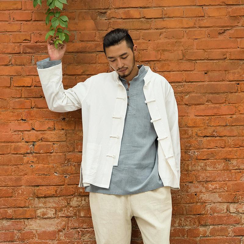 

Весенний мужской льняной хлопковый пиджак с длинными рукавами, повседневный однотонный костюм в стиле Тан, свободная рубашка с воротником-стойкой S белый