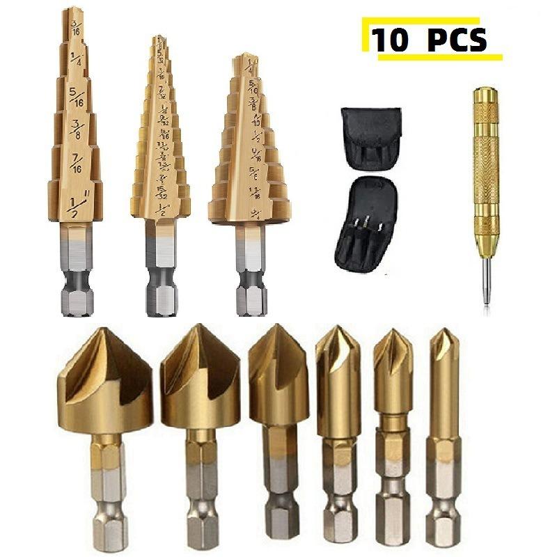 3PC Step Drill Bit Set - Metric & Imperial Sizes, Hex Shank Cone Cutter for Thin Metal & Plastic, 3 Sizes Titanium Coated