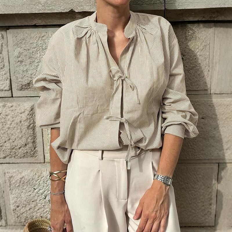 

Autumn and Winter New Style Striped V-neck Casual Shirt S хакі