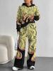 European, American autumn and winter blue splicing flower casual long-sleeved suit women's hooded sweater trousers two-piece set