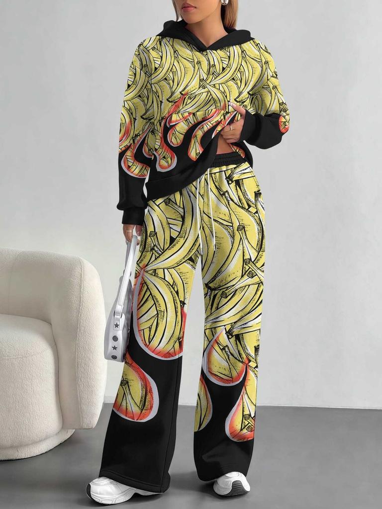 European, American autumn and winter blue splicing flower casual long-sleeved suit women's hooded sweater trousers two-piece set