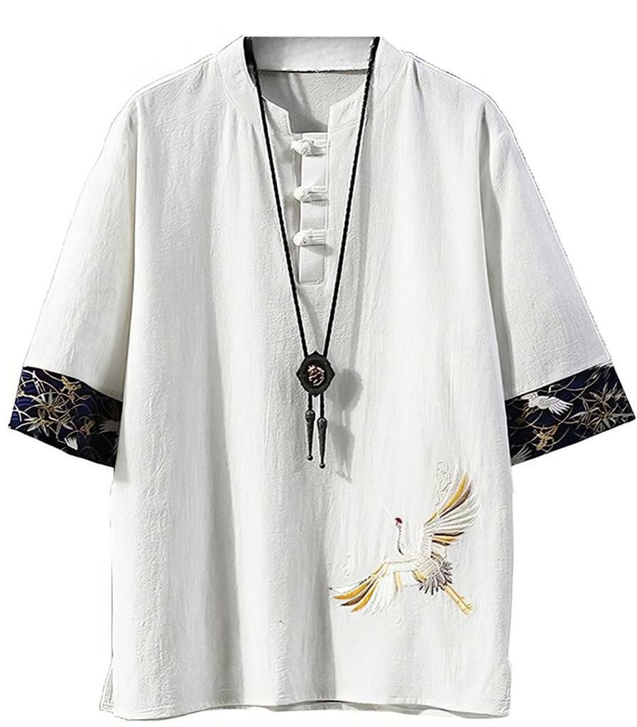 Summer Short Japanese Plus Sizes Loose Solid Size 2XL [foveitaa] Men's T-Shirt, Linen, Sleeve, Cotton-Linen, Style, Embroidered, 3/4 Sleeve,