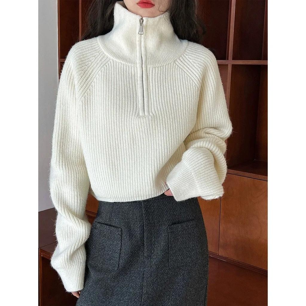 Half Zip Collar Sweater Women Pullovers Soft Knitted Long Sleeve Short Jumper Fall Winter Teen-girl Korean Fashion Outfit