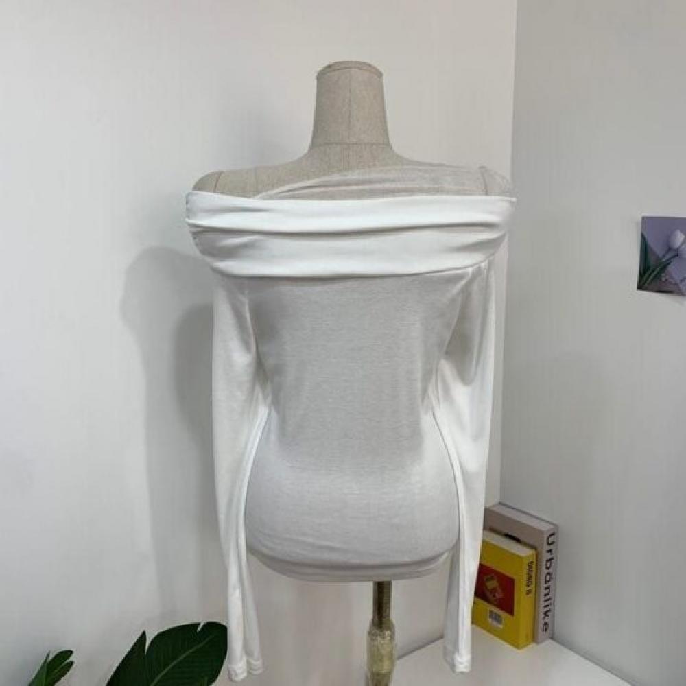 C S In The Room Sheer Layered Shirred Off Shoulder Long Sleeve T ShirT 4 Color