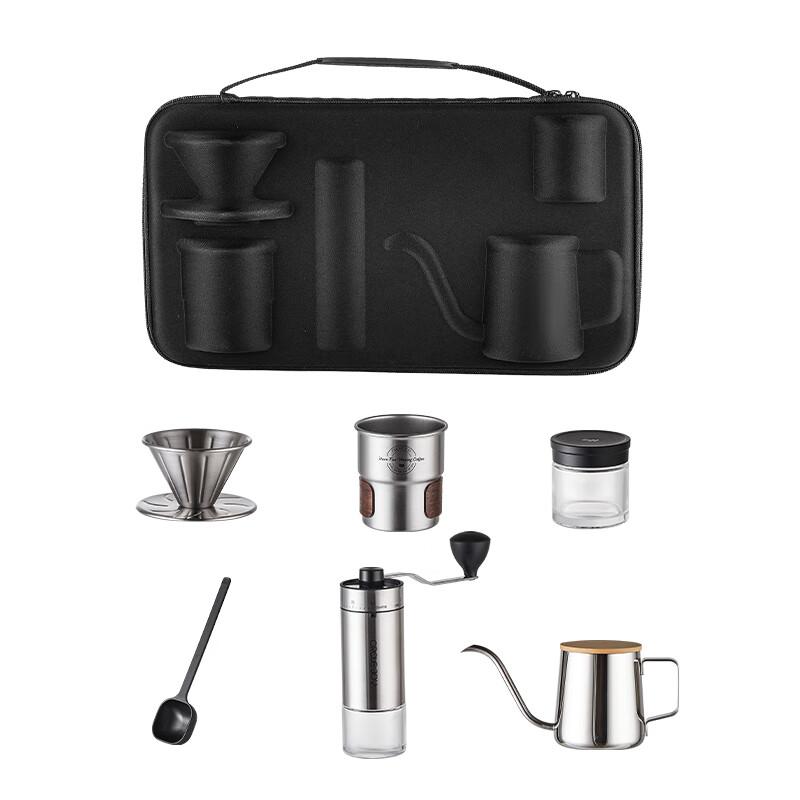 Circle Joy Pour-Over Coffee Maker Set with Hand-Cranked Grinder, Coffee Bean Grinder, Outdoor Camping Portable Storage Coffee Machine, Silver