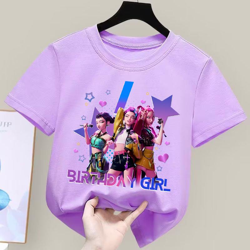 Kpop Demon Hunters Purple T-shirts Girls Cartoon Number Printed Short-sleeved Top Children Summer Sweet T-shirt Birthday Gift