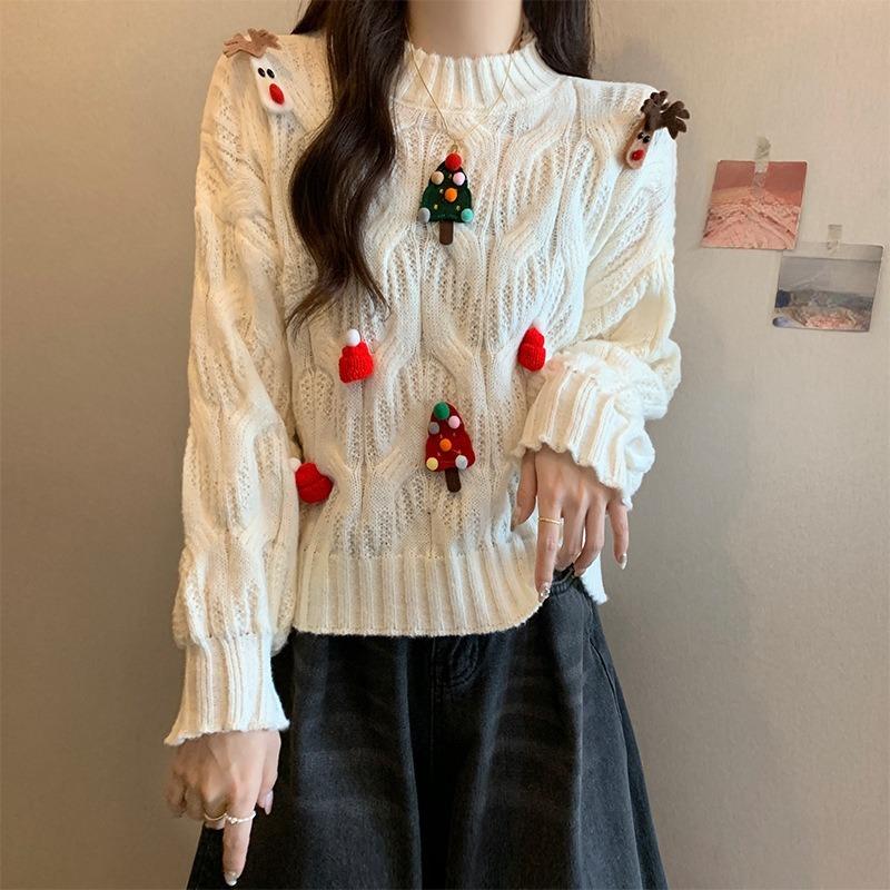 

Красный рождественский тематический свитер женский с длинными рукавами, свободный повседневный женский шикарный топ One Size белый