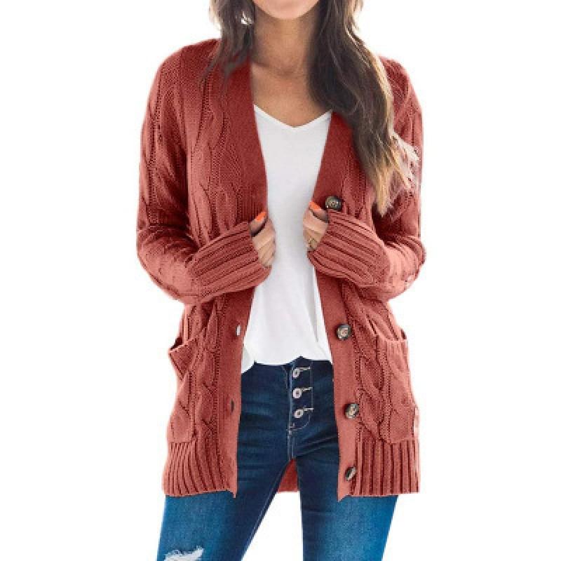 Womens Loose Fit Cable Knit Cardigan Sweater V-Neck Long Sleeve Mid-Length Casual Outerwear