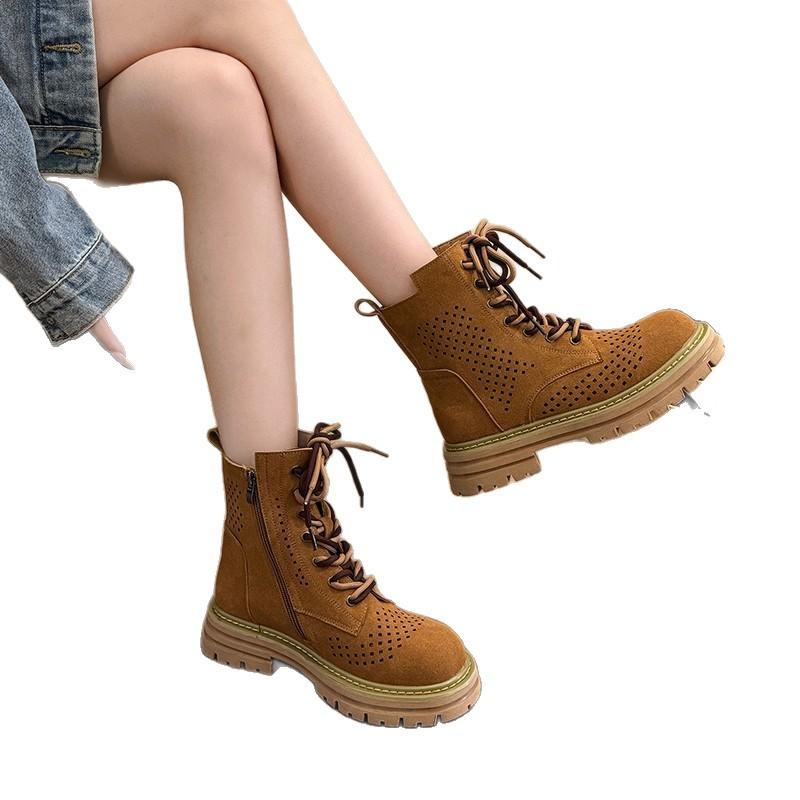 Outdoor Hollow Inner Heightening Martin Boots Women's 2025 New Summer Breathable Short Boots Brown Western Mountaineering Cowboy Boots