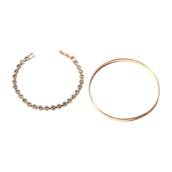 

2 шт./комплект женский браслет комплект горный хрусталь декор блестящий гальванизированный сплав повседневный свидание вечеринка браслет дамские запястье ювелирные изделия золотистый