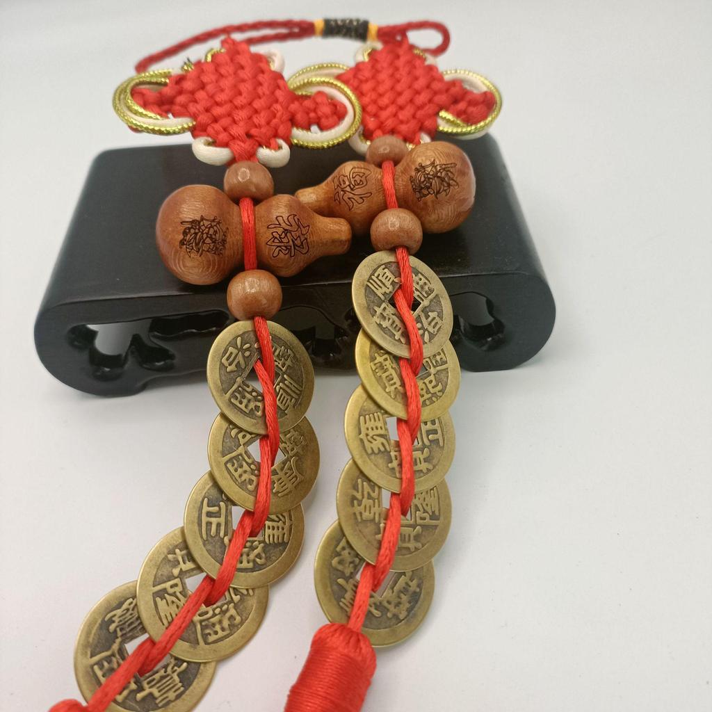 Fu Lu Men Shen Five Emperors Coins Pendant with Chinese Knot and Peach Wood Gourd - Antique Home Decor Solution for Door Alignment.