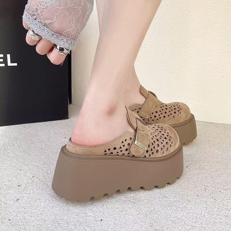 Thick Bottom Height Increase Small Birkencool Slippers Women's Summer Wear 2025 New One-pedal Hollow Bag Head Half Slippers