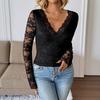 Autumn Winter Deep V-neck Lace Perspective T-shirt Women Nightclub Fashion Black Slim Elegant Pullover Tee Top
