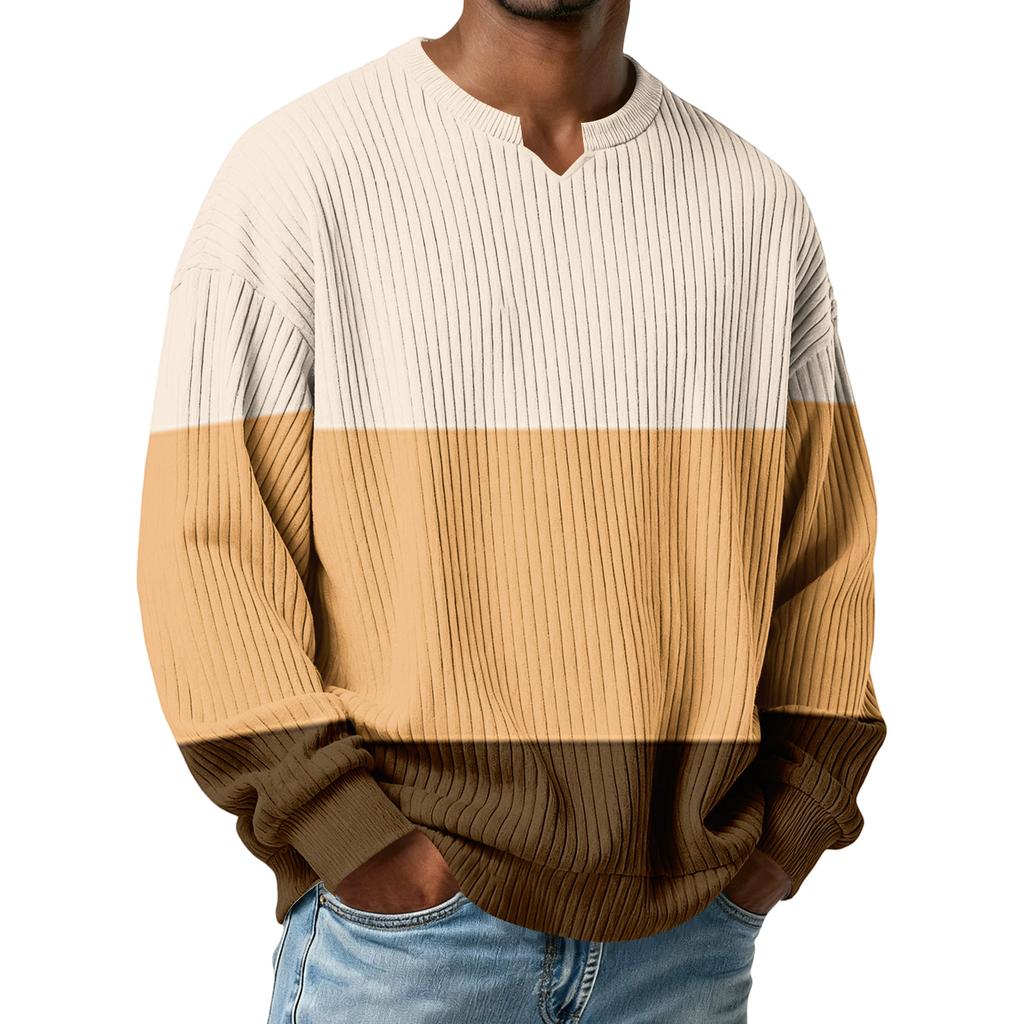 Men's Color-Blocked Stylish V-Neck Ribbed Textured Long-Sleeve T-Shirt