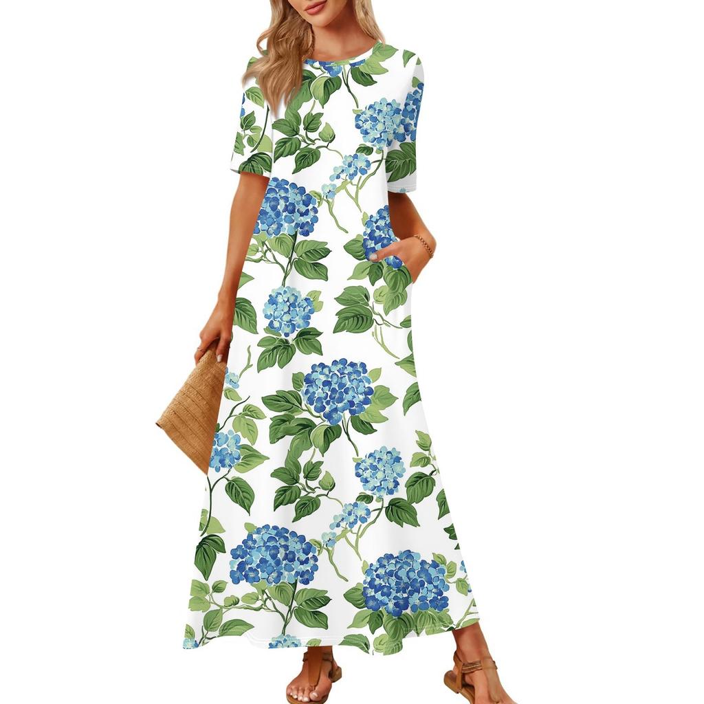 Dames Modieuze En Casual Lange Strandrok Ronde Hals Korte Mouwen Losse Retro Print Jurk