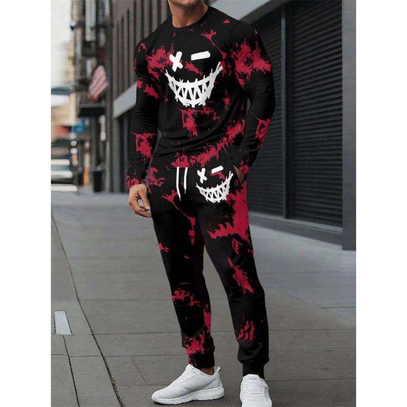 Men's Casual Sportswear Set/Long Sleeve Patterned T-Shirt and Drawstring Jogger/Breathable Polyester