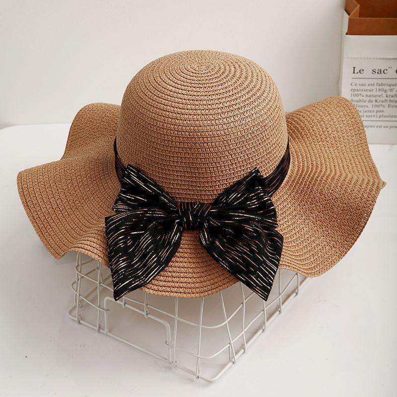 Sweet bow sunscreen beach hat women's spring and summer straw woven wave hat outdoor outing big eaves bucket hat