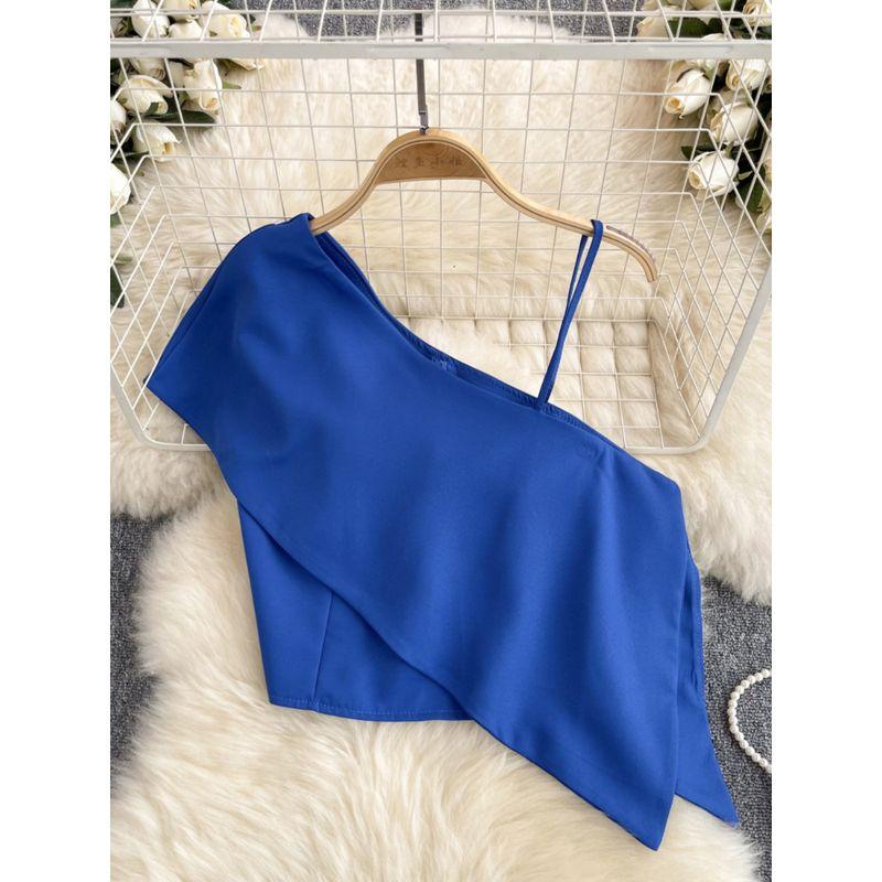 Sweet and Spicy Small Top Women's Stylish One-Shoulder Cold-Shoulder Single-Side Sling Silm Short Crop Top Versatile Holiday Small Shirt Fashion