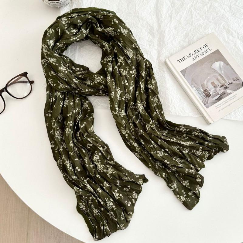 Scarf autumn and winter new floral retro pleated silk scarf neck protection warm scarf twist braid scarf shawl