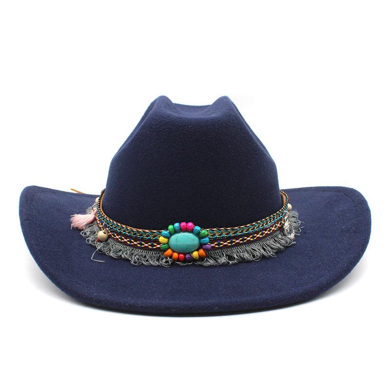 Ethnic Style One-Word Top Cowboy Top Hat, Rolled-Brimmed Felt Hat, Men'S And Women'S Outdoor Western Cowboy Top Hat, Woolen Jazz Hat