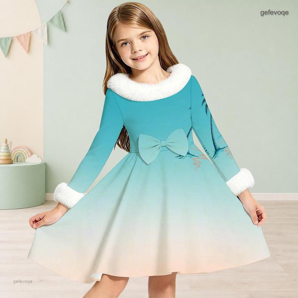 Girls High Neck White Furry Trim Long Sleeve Tropical Leaf Printed Black A Line Flared Dress