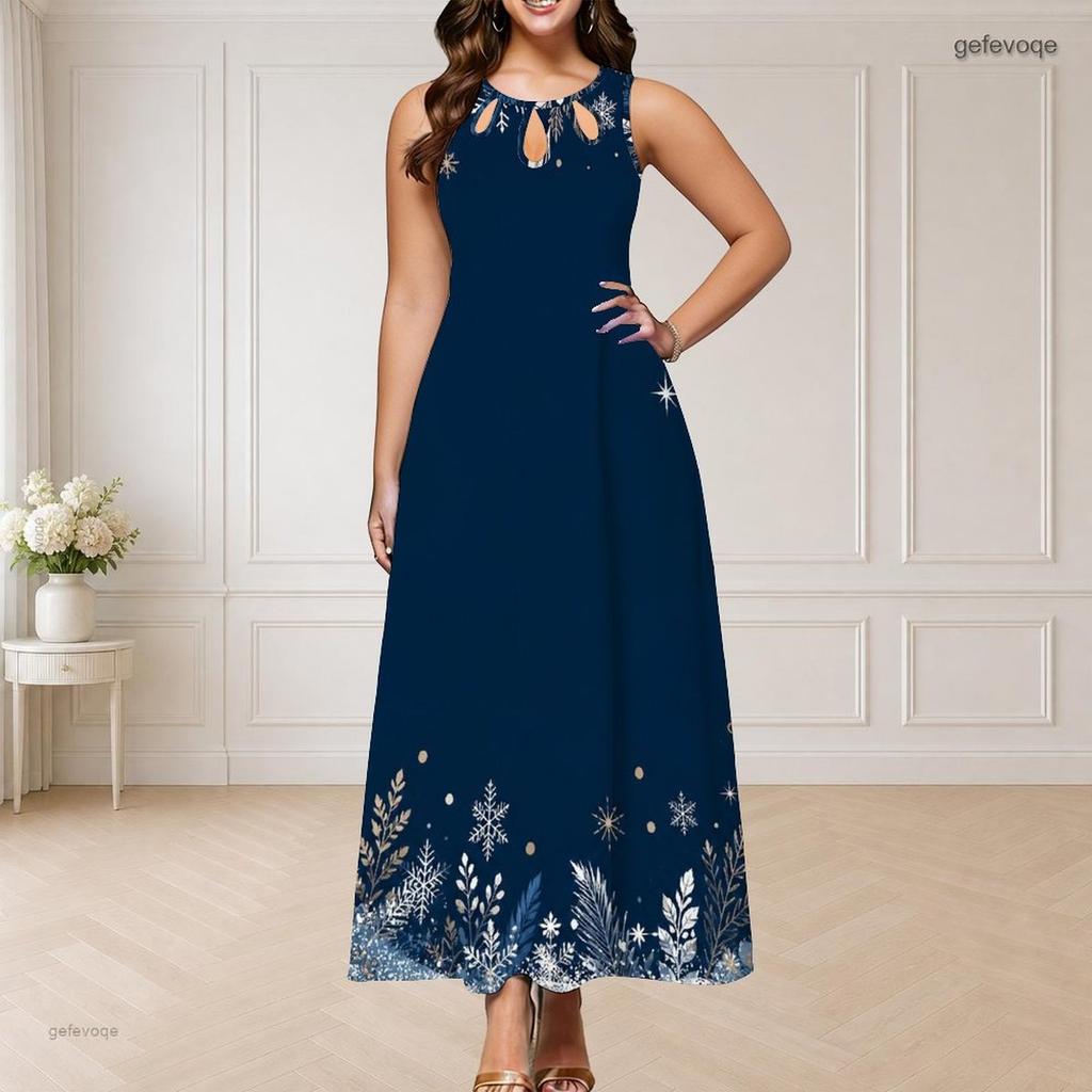 Women Plus Size Round Neck Triple Keyhole Cutout Sleeveless Abstract Printed Long Dress