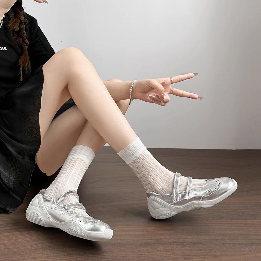 2025 spring and summer silver ballet sports Mary Jane shoes flat women's shoes thick sole height increase 6cm casual shoes