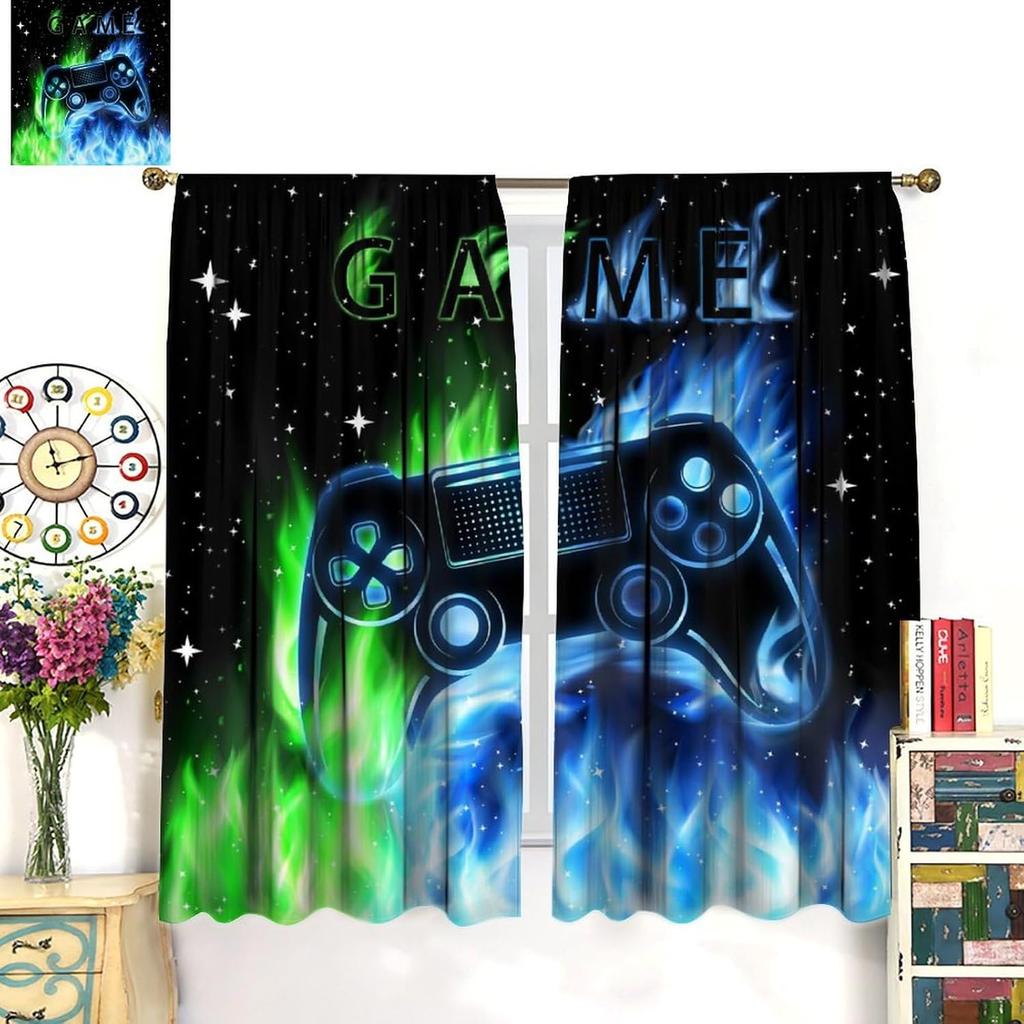 Cool Game Curtains For Boys Bedroom, Green Blue Flame Video Game Graffiti Game Controller Outer Space Stars Print Window Drapes