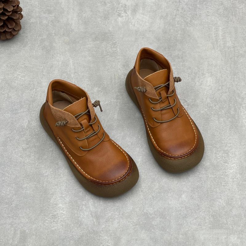 Johnature Handmade Genuine Leather Women's Shoes Versatile British Style Round Toe Cowhide Ankle Boots