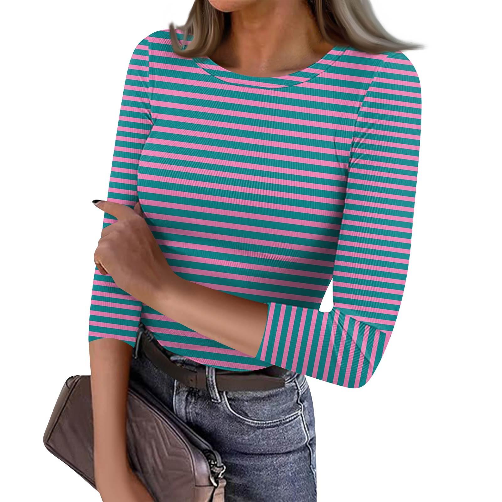 

Women s Slim Bottom T-shirt Fashion Casual Stripe Printed Round Neck Pullover Seven Sleeve Top S