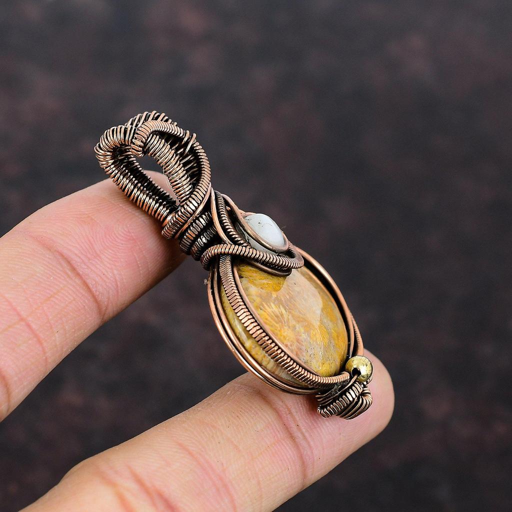 Fossil Coral Pendant Copper Wire Wrapped Pendant Moonstone Gemstone Pendant Copper Jewelry Handmade Boho Pendant Wire Wrap Jewelry For Gift