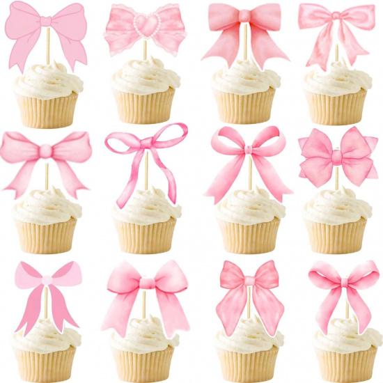 48PCS Coquette Bow Cupcake Toppers, Pink Bow Coquette Birthday Cake Decorations for Bachelorette Bridal Engagement Wedding Girl Baby Shower Bow Theme