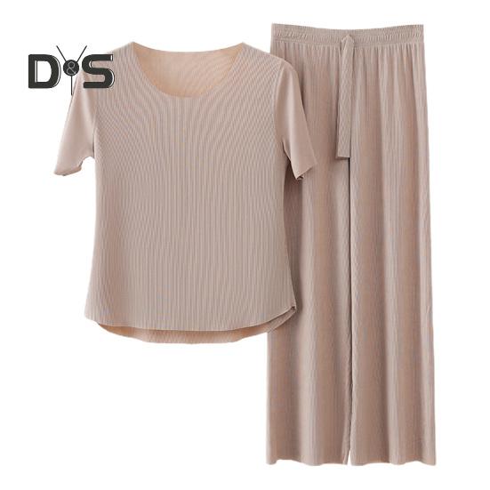 

2 шт./компл. женские пижамы бесшовные ледяной шелк с круглым вырезом и коротким рукавом сплошной цвет с эластичной резинкой на талии и широкими штанинами свободные мягкие дышащие домашние комплекты с верхом и брюками L