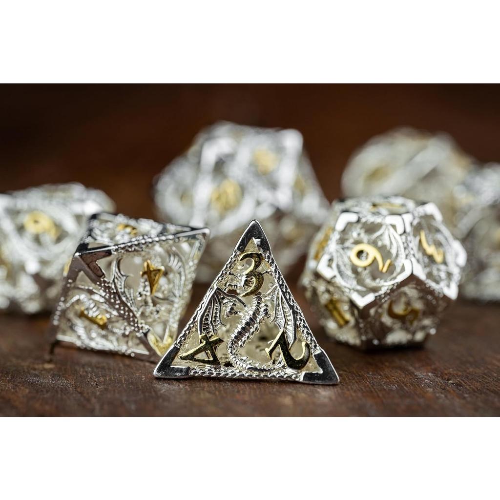 7-Würfel DND, Aura des Mutes, Hohlmetall-Silberwürfel für D&D, polyedrische D- und D-Würfel für Dungeons and Dragons Geschenk