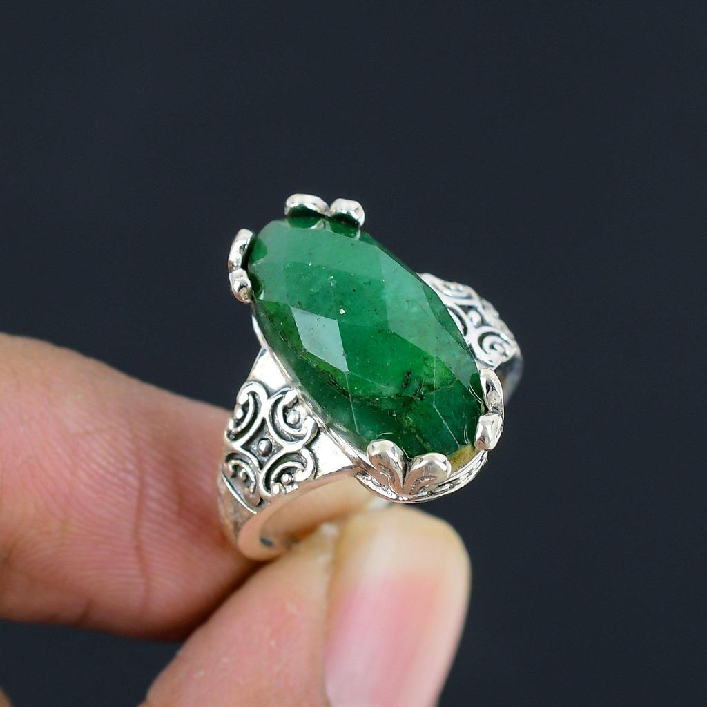 Natural Emerald Checkerboard Cut Gemstone 925 Sterling Silver Statement Ring For Women & Girls