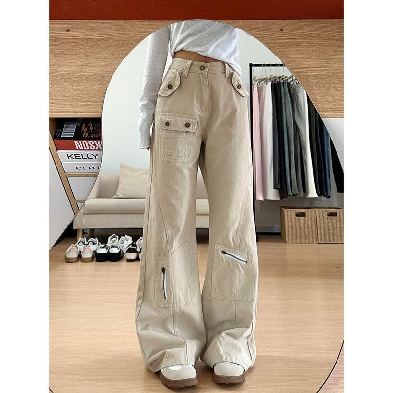 

Джинсы карго женские весенние винтажные песочно-белые с высокой посадкой расклешенные к полу S