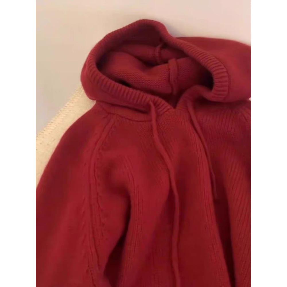 Women's 100% Pure Wool Hooded Knit Sweater - Solid Color Loose Pullover