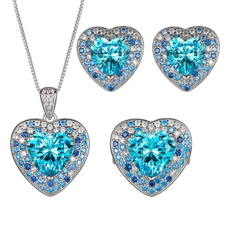 Jewelry Set Jewelry Classic Ocean Heart Earrings Necklace Ring Aquamarine Women
